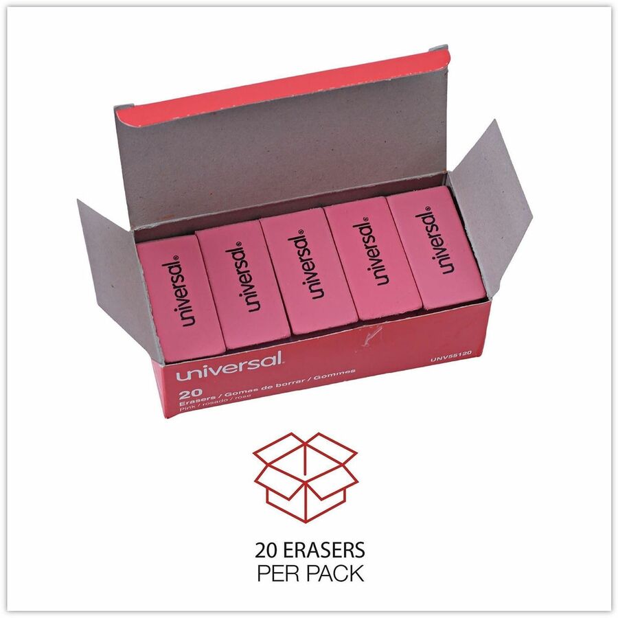 Universal Manual Eraser - Pink - Rectangle - Elastomer - 20 / Pack - Soft, Latex-free, Beveled Edge, Tear Resistant, Smudge Resistant, Ghost Resistant