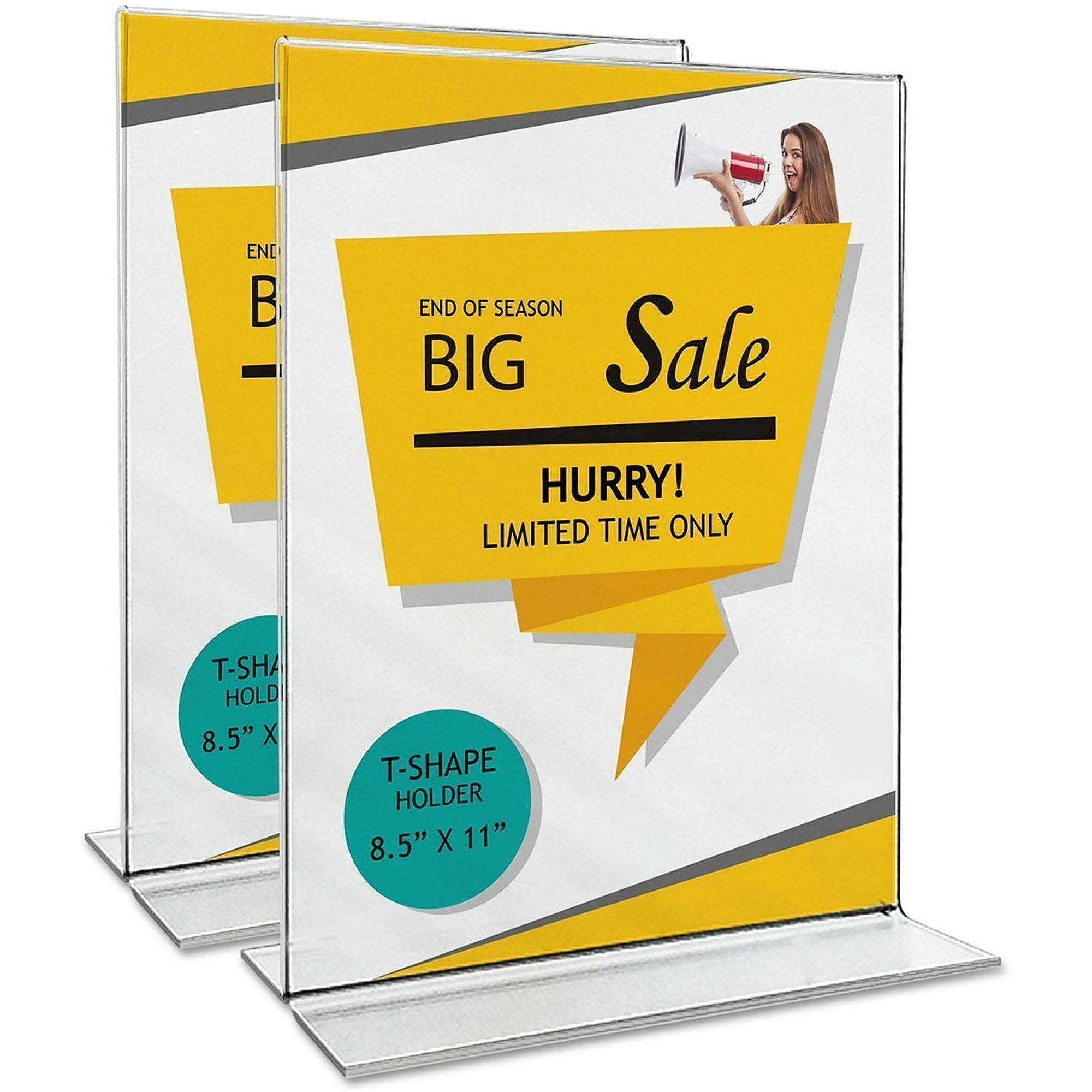 Universal Sign Holder - 8.50" Holding Width x 11" Holding Height - Rectangular Shape - Double Sided - Durable, Shatter Proof, Side-loading - Acrylic, Plastic - Clear - 2 / Pack