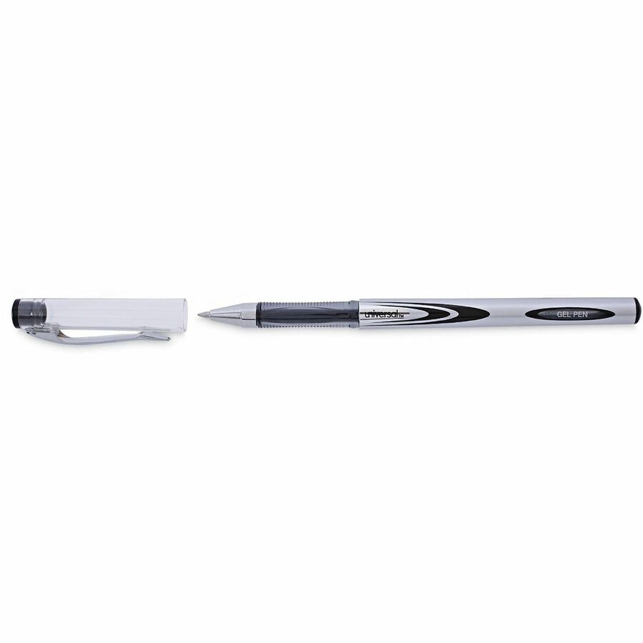 Universal Gel Pen, Stick, Medium 0.7 mm, Black Ink, Silver/Black Barrel, Dozen - 0.7 mm Medium Conical Pen Point - Black Ink - Water Based - Silver, Black Barrel - 1 Dozen
