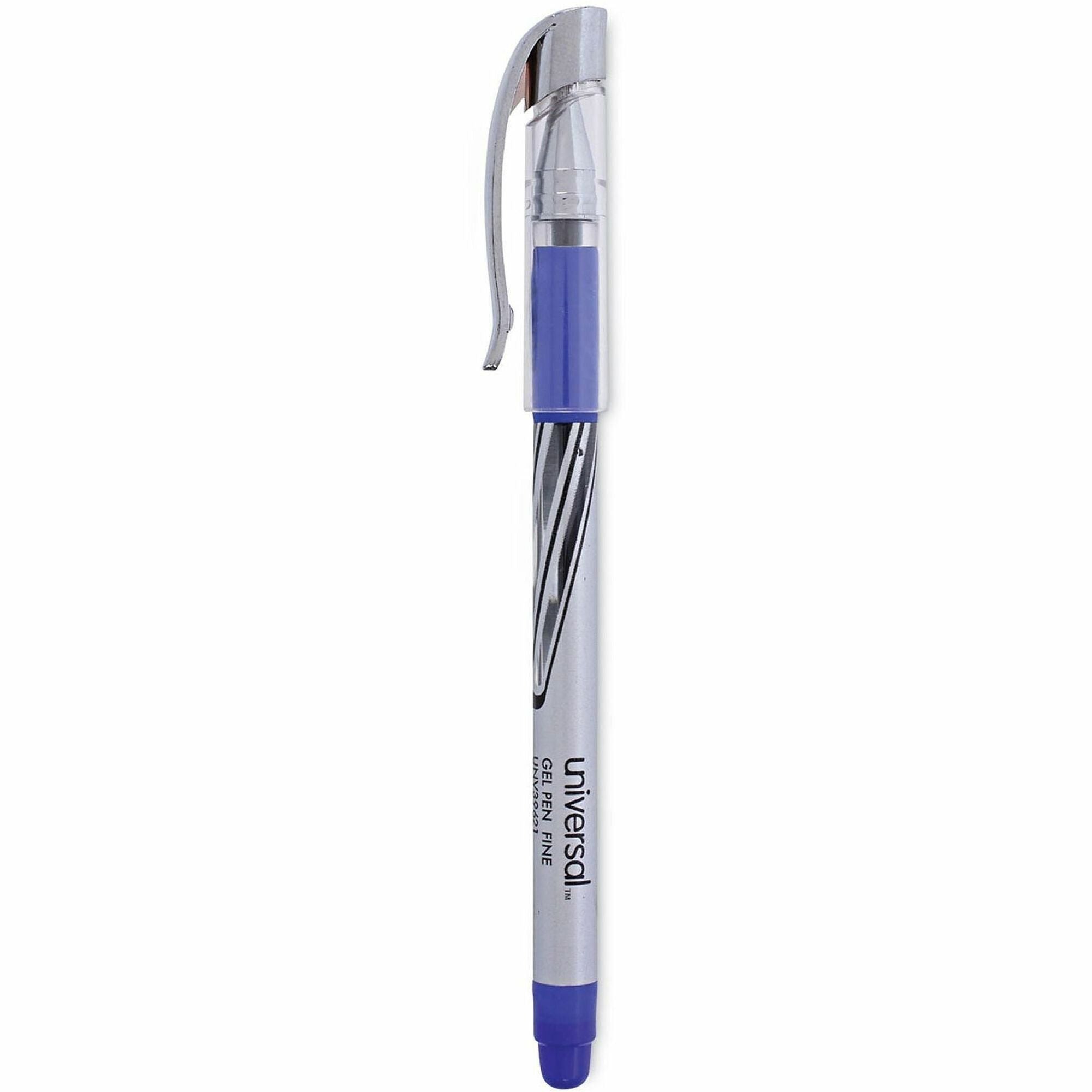 Universal Gel Pen, Stick, Medium 0.7 mm, Blue Ink, Silver/Blue Barrel, Dozen - 0.7 mm Medium Conical Pen Point - Blue Ink - Water Based - Silver, Blue Barrel - 1 Dozen