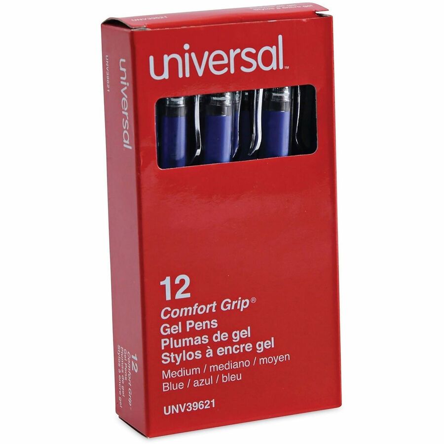 Universal Gel Pen, Stick, Medium 0.7 mm, Blue Ink, Silver/Blue Barrel, Dozen - 0.7 mm Medium Conical Pen Point - Blue Ink - Water Based - Silver, Blue Barrel - 1 Dozen
