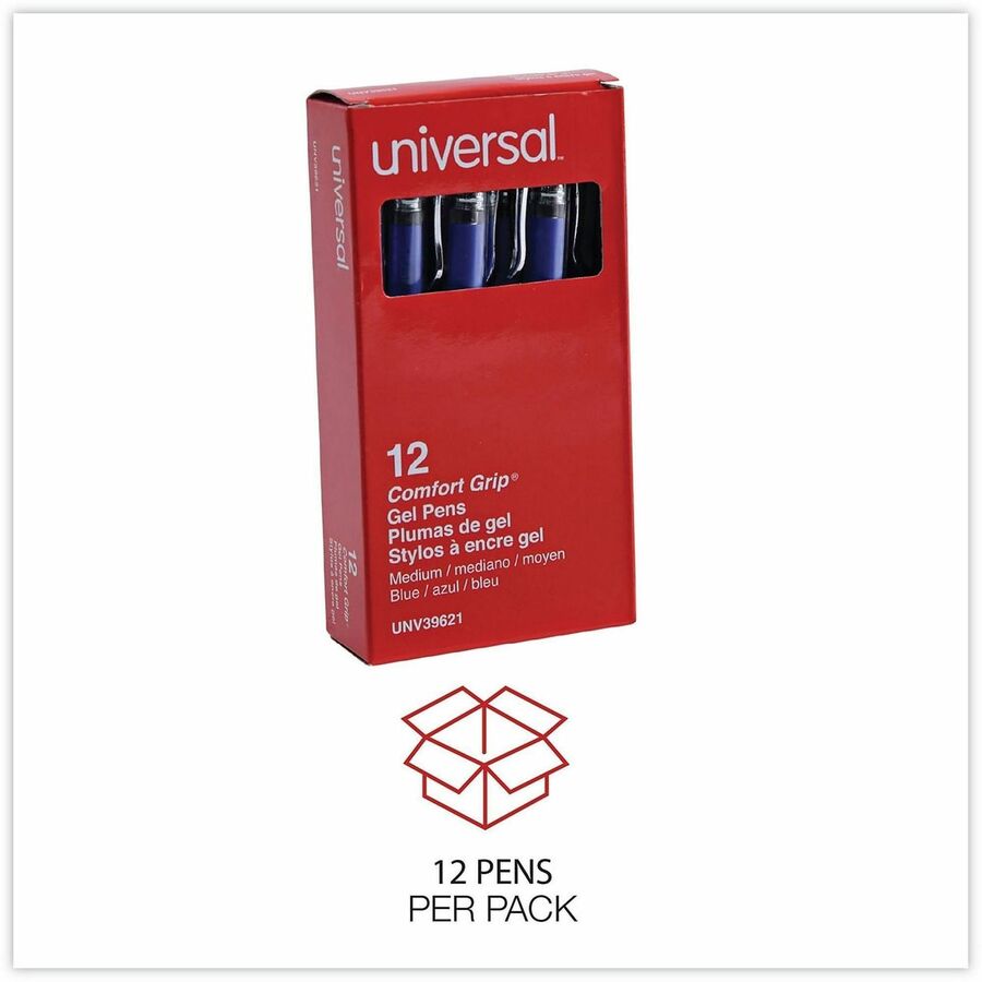 Universal Gel Pen, Stick, Medium 0.7 mm, Blue Ink, Silver/Blue Barrel, Dozen - 0.7 mm Medium Conical Pen Point - Blue Ink - Water Based - Silver, Blue Barrel - 1 Dozen