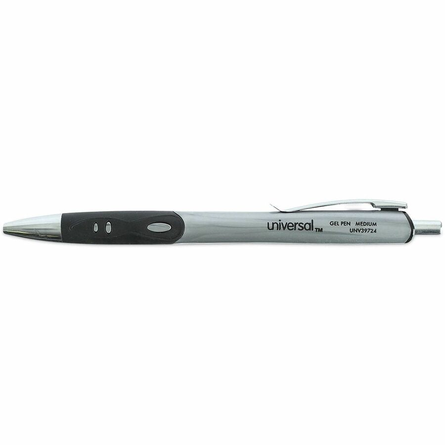 Universal Comfort Grip Gel Pen - 0.7 mm Medium Conical Pen Point - Retractable - Black Ink - Water Based - Gray, Black, Silver Barrel - 36 / Pack