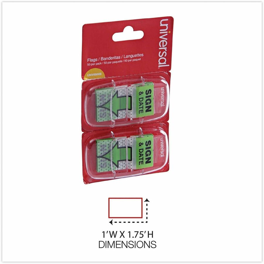 Universal Flag - 100 - 1" Flag/Note Width x 1 3/4" Flag/Note Length - Rectangle - Sign & Date - Green - Pop-up, Repositionable, Reusable - Dispenser Included - 100 / Pack