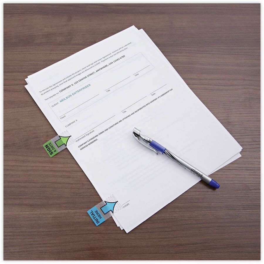 Universal Flag - 100 - 1" Flag/Note Width x 1 3/4" Flag/Note Length - Rectangle - INTITAL HERE - Blue - Pop-up, Repositionable, Reusable - Dispenser Included - 100 / Pack