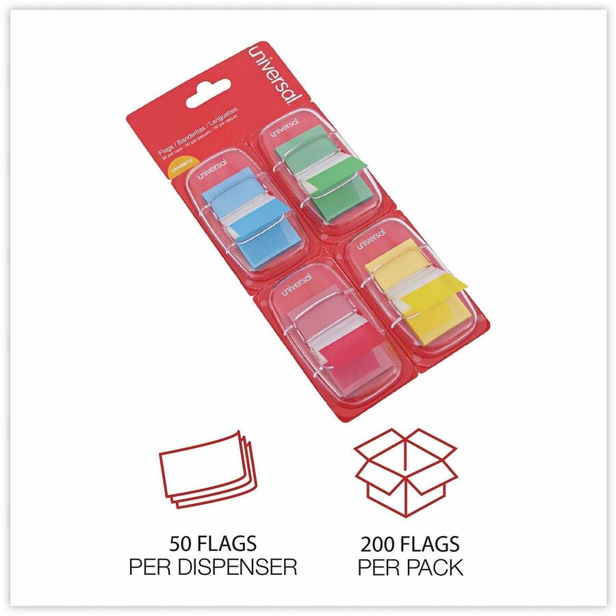 Universal Flag - 200 - 1" Flag/Note Width x 1 3/4" Flag/Note Length - Rectangle - Blue, Green, Red, Yellow - Removable, Self-stick, Pop-up, Repositionable - Dispenser Included - 200 / Pack