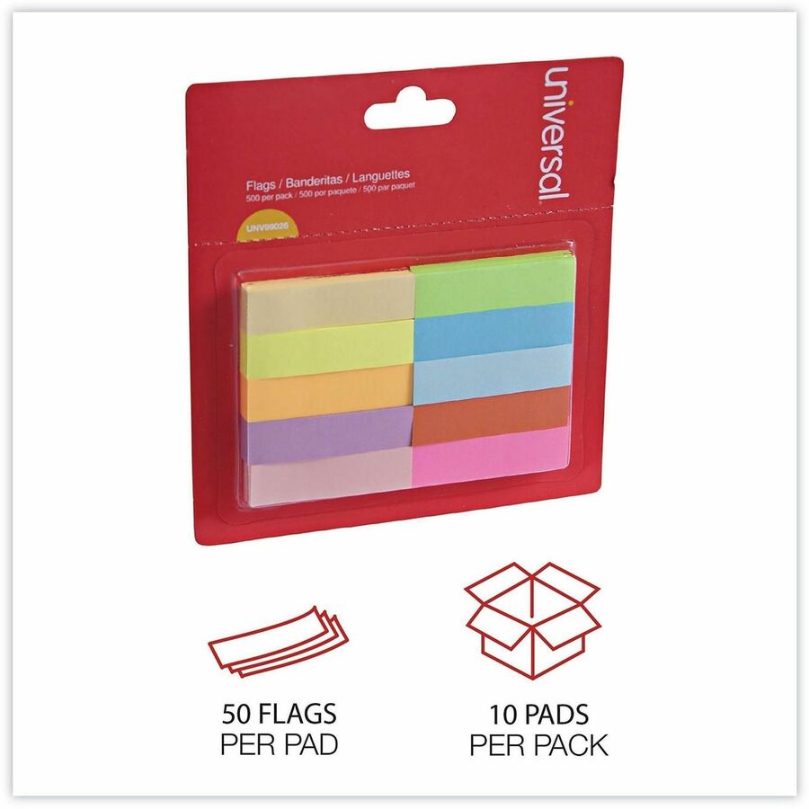 Universal Adhesive Note - 1/2" Flag/Note Width x 2" Flag/Note Length - Rectangle - Yellow, Turquoise, Red, Purple, Pink, Neon Yellow, Neon Orange, Neon Pink, Blue, Lime - Paper - Adhesive, Self-stick, Repositionable, Reusable, Pop-up, Removable, Residu...