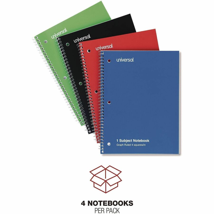Universal Notebook - 1 Subject(s) - 70 Sheets - Spiral - Quad Ruled Front Ruling - 3 Hole(s) - 15 lb Basis Weight - 10.50" Height x 8" Width - White Paper - Black Paperboard, Blue, Green, Red Cover - 4 / Pack