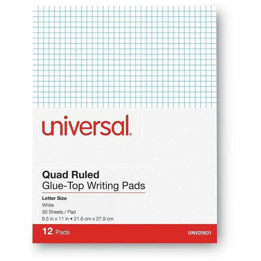 Universal Quadrille/Graph Pad - 1 Subject(s) - 50 Sheets - Tape Bound - Quad Ruled Front Ruling - 15 lb Basis Weight - 11" Height x 8.5" Width - White Paper - Chipboard Cover - 1 Dozen
