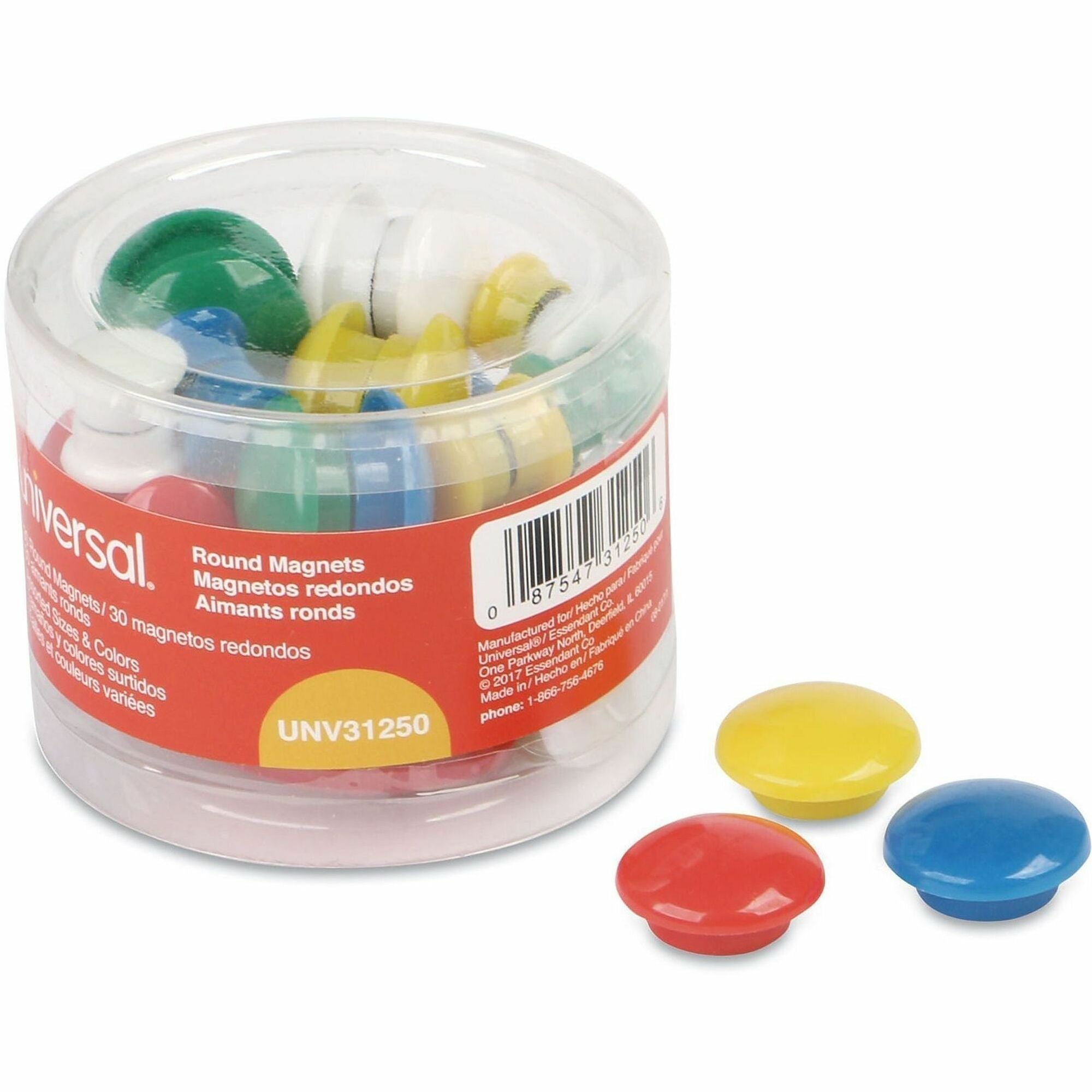 Universal Board Magnet - Circle - 30 / Pack - Assorted, Blue, Green, Red, White, Yellow
