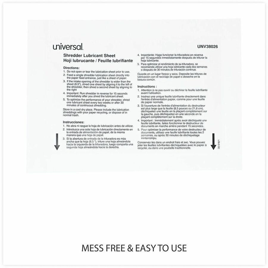 Universal Shredder Lubricant Sheet - Easy to Use, No-mess