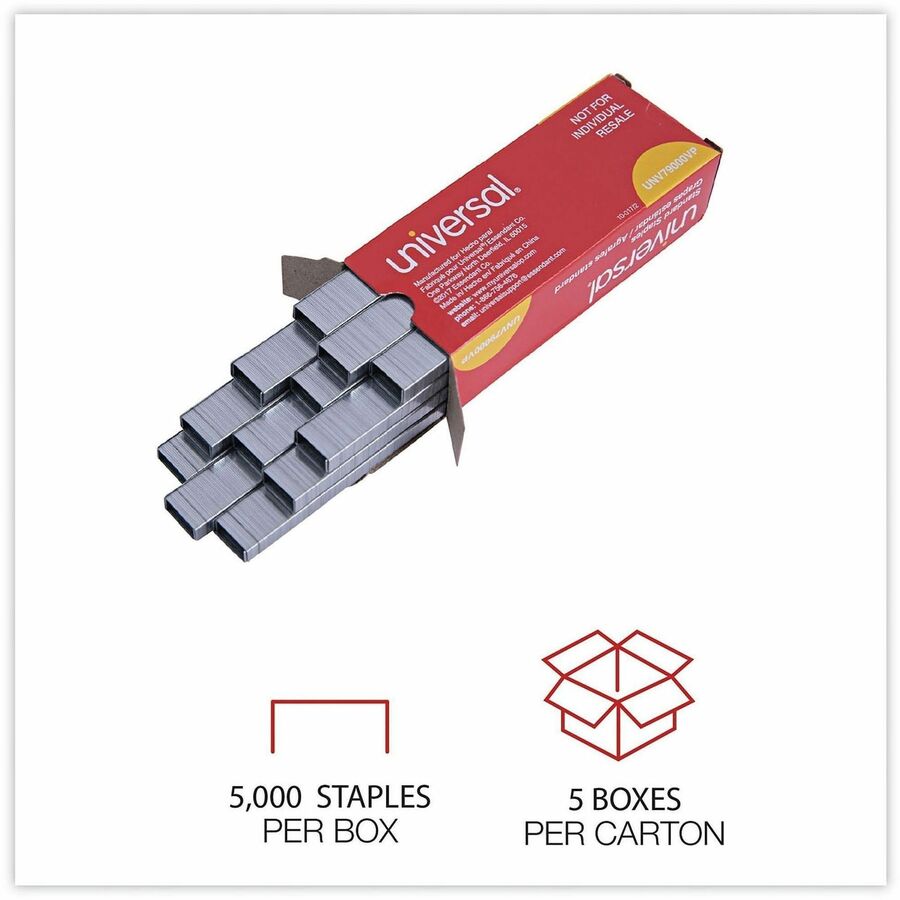 Universal Staples - Standard - 1/4" Leg - 1/2" Crown - Holds 30 Sheet(s) - for Paper - Chisel Point - Silver - Steel, Galvanized Steel - 210 Per Strip - 25000 / Pack