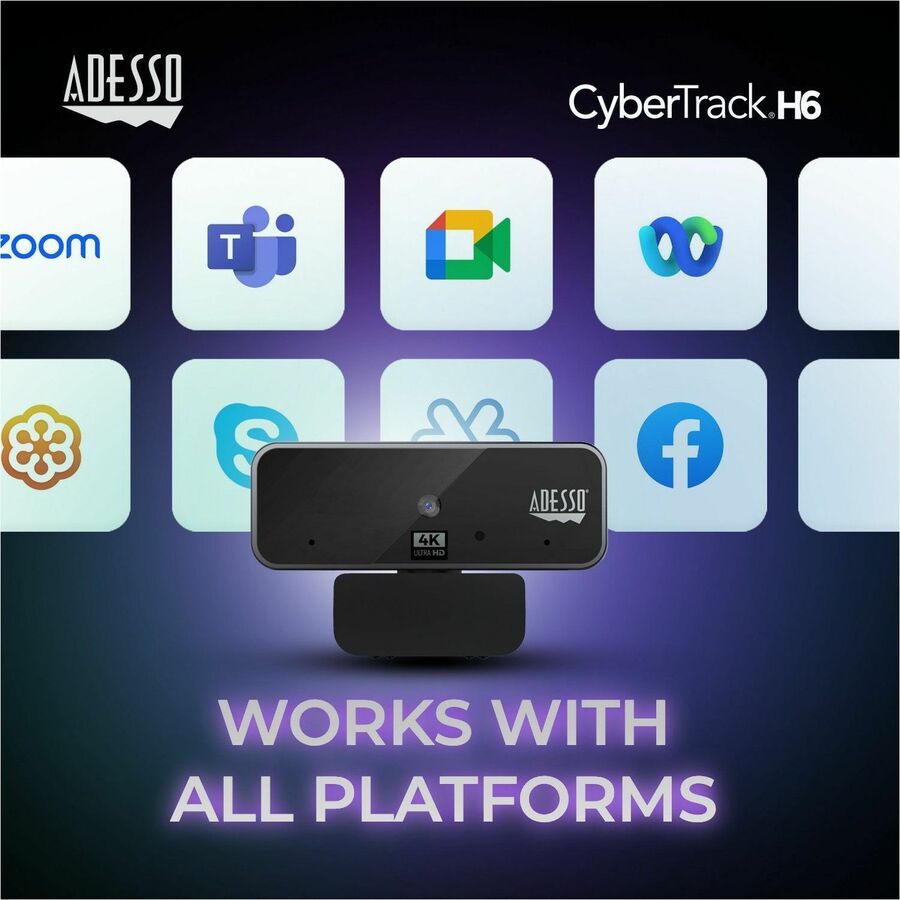 Adesso CyberTrack CyberTrack H6 Webcam - 8 Megapixel - 30 fps - Black - USB 2.0 - 3840 x 2160 Video - CMOS Sensor - Fixed Focus - 120° Angle - Microphone - For Computer, Smart TV, Notebook