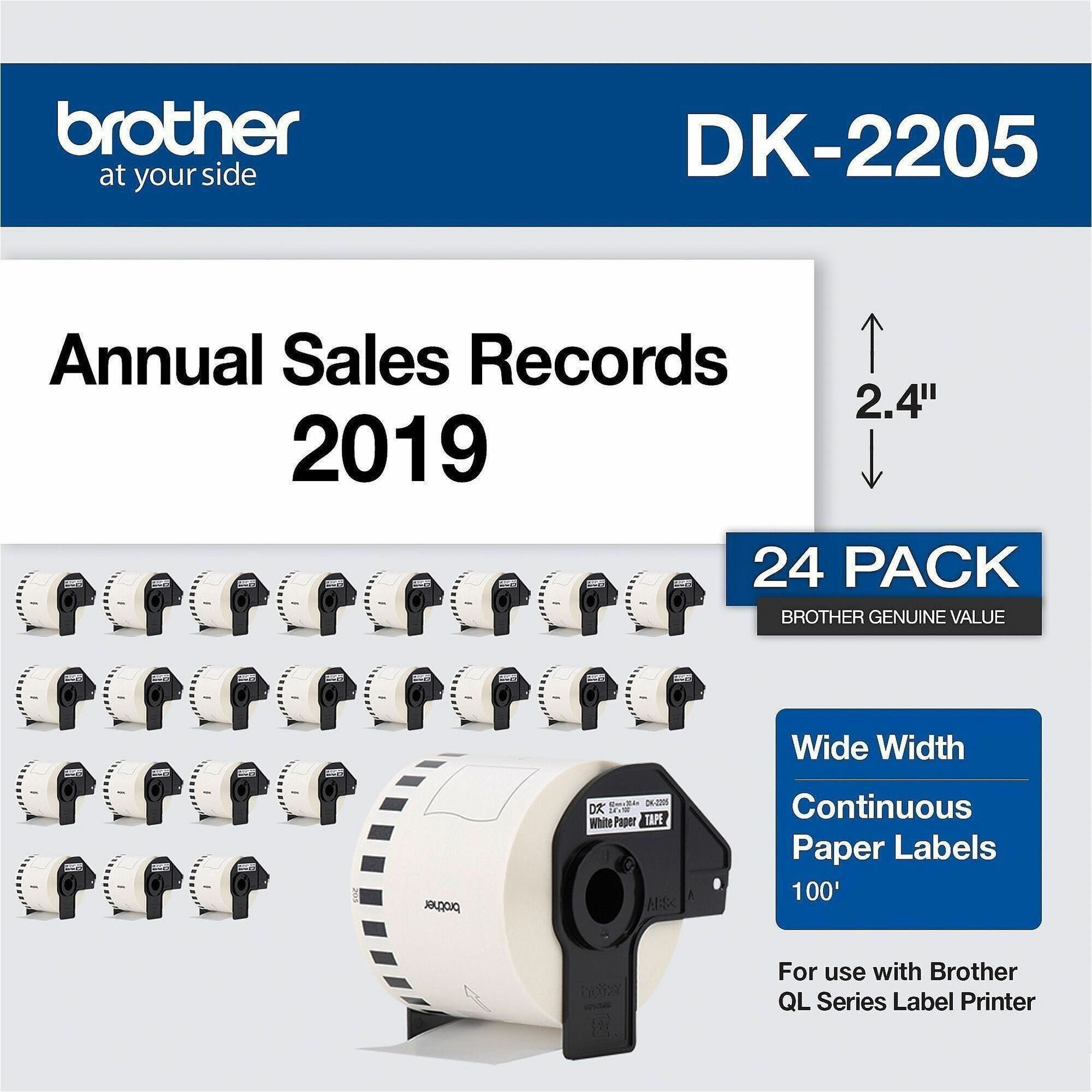 Brother DK Multipurpose Label - 2 2/5" Width - Rectangle - Thermal - Black on White - Paper - 24 / Pack