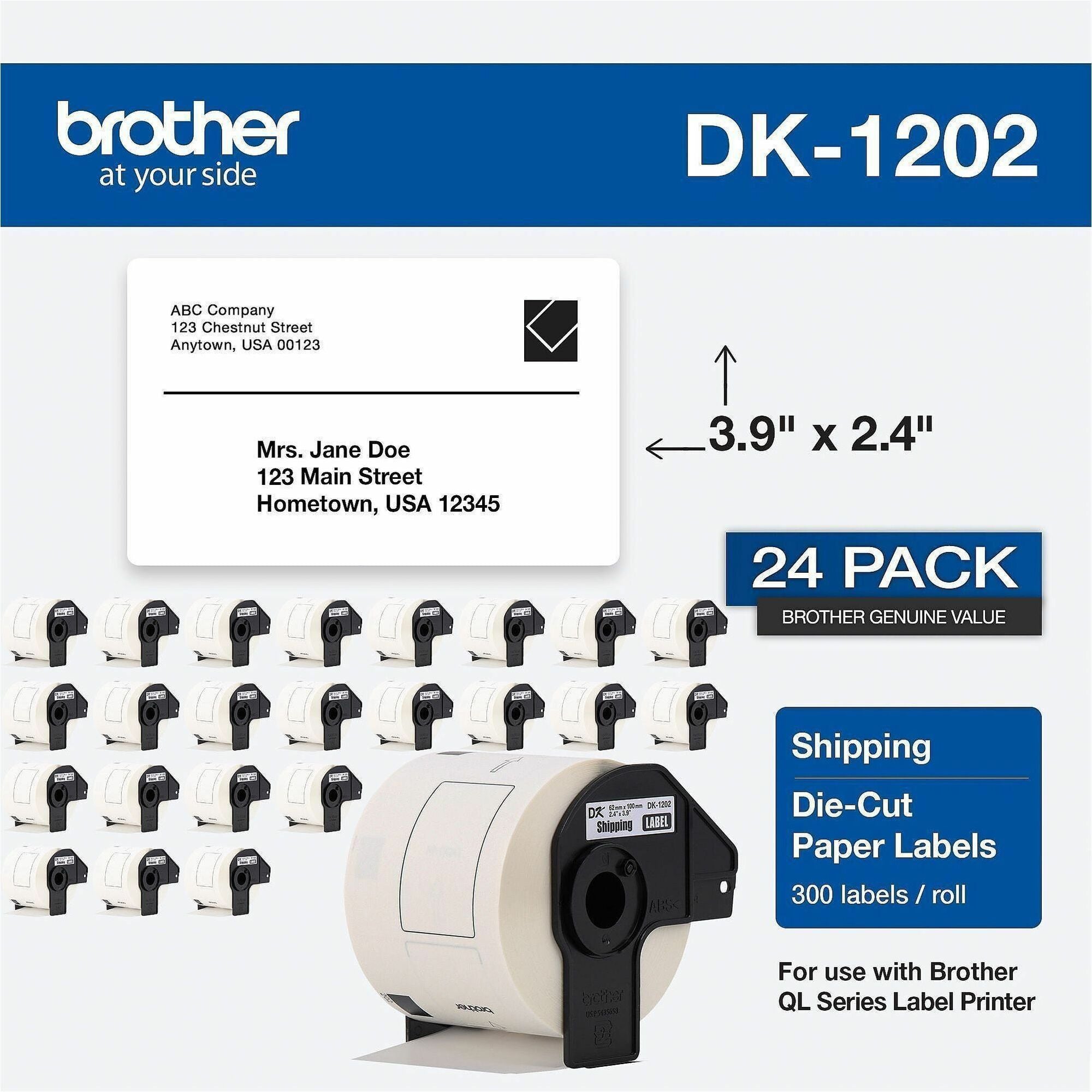 Brother DK Address Label - 2 2/5" Width x 3 29/32" Length - Rectangle - Thermal - Paper - 300 / Roll - 24 / Pack
