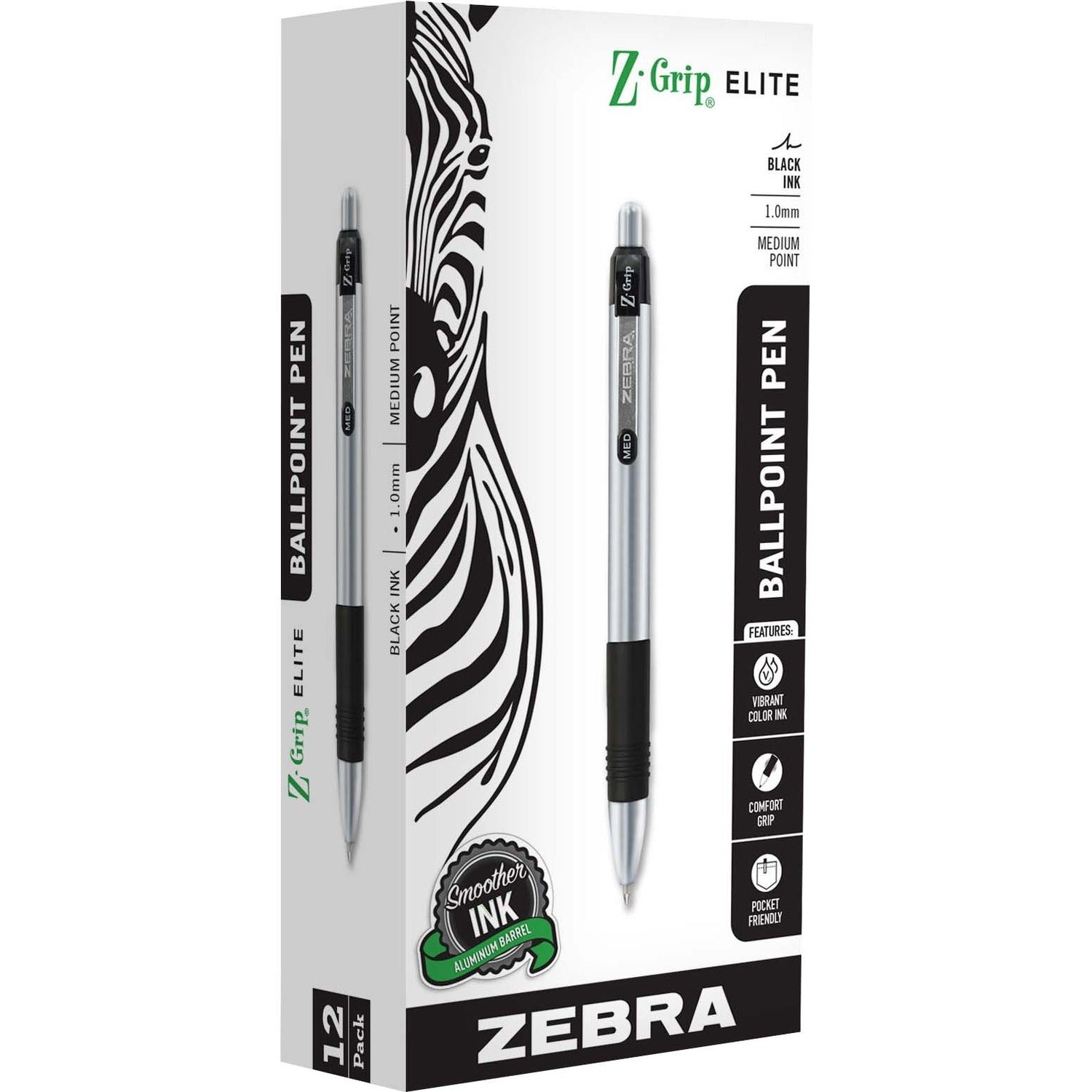 Zebra Z-Grip Elite Metal Retractable Ballpoint Pen - 1 mm Bold Pen Point - Retractable - Black Ink - Gel-based - 1 Dozen