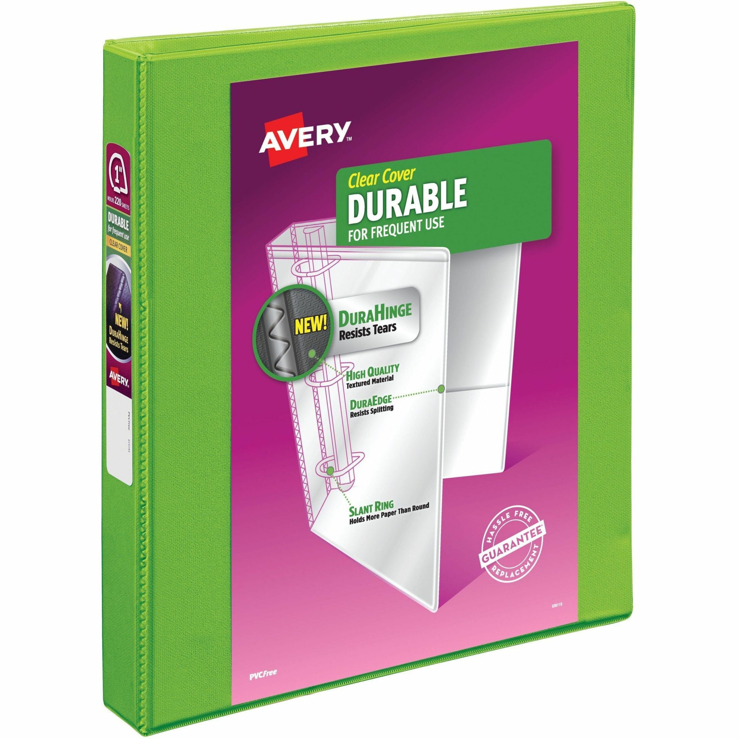 Avery Durable View 3 Ring Binder, 1 Inch Slant Rings, 1 Green Binder (17832) - 1" Binder Capacity - Letter - 8 1/2" x 11" Sheet Size - 250 Sheet Capacity - 1 2/5" Spine Width - 3 x 1" Ring(s) - Fastener(s): Slant Ring - Pocket(s): 2, Internal - Polypro...