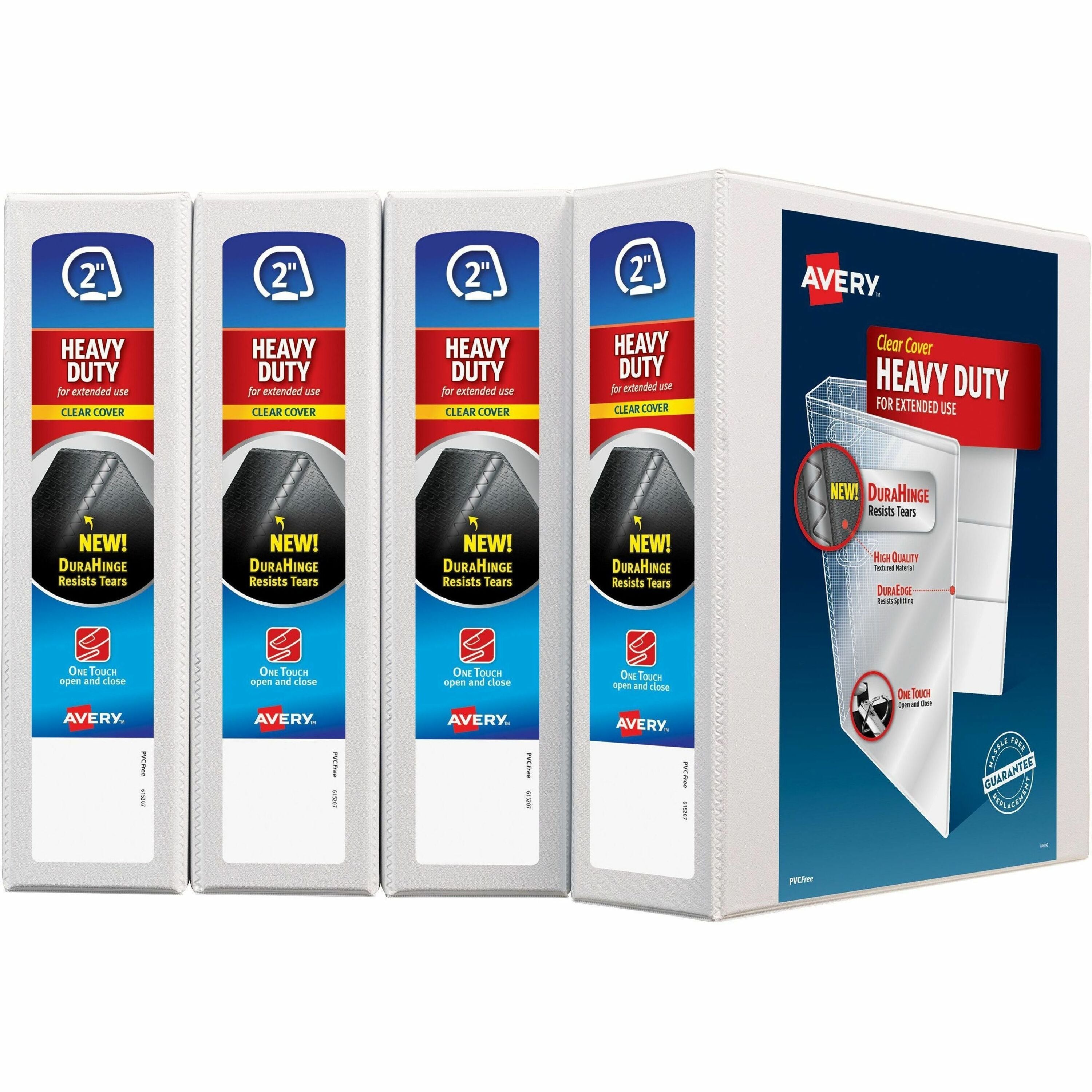 Avery® Heavy-Duty View 3 Ring Binders, 2" One Touch Slant Rings, 4 White Binders (79790) - 2" Binder Capacity - Letter - 8 1/2" x 11" Sheet Size - 530 Sheet Capacity - 530 Ring(s) - Fastener(s): Slant Ring - Pocket(s): 4 - Polypropylene - Adhesive,...