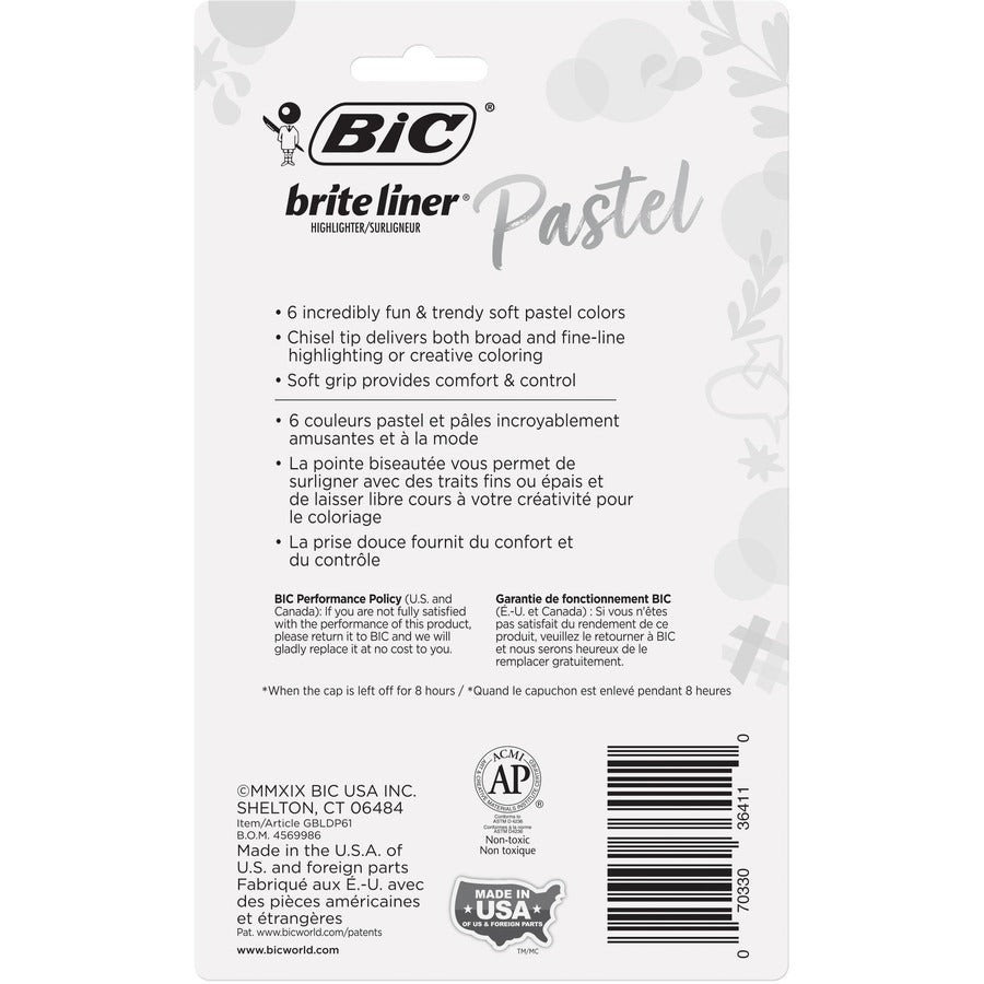 BIC Brite Liner Grip Highlighters, Assorted, 6 Pack - 1.6 mm Chisel Marker Point - Assorted Ink - 6 Pack