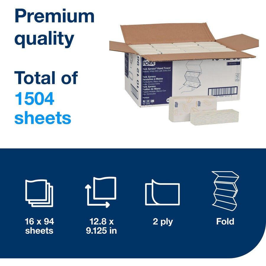 TORK Xpress Extra Soft Multifold Hand Towel White H2 - 2 Ply - Multifold - 9.13" Width x 12.80" Length - White - Virgin Pulp, Virgin Fiber - 94 / Pack