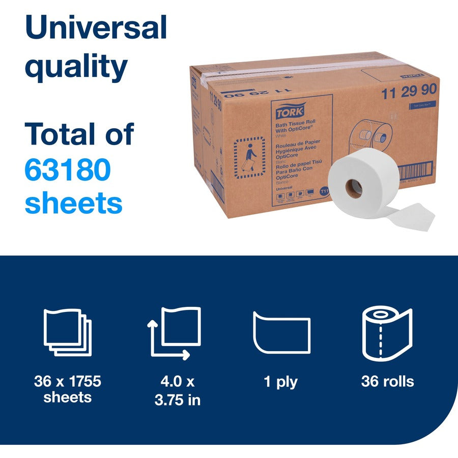 TORK OptiCore Mid-size Toilet Paper Roll White T11 - 1 Ply - 4" Length - 5.63" Roll Diameter - 1 43/64" Core - White - Fiber - 36 Rolls Per CartonCarton - 1755 Roll