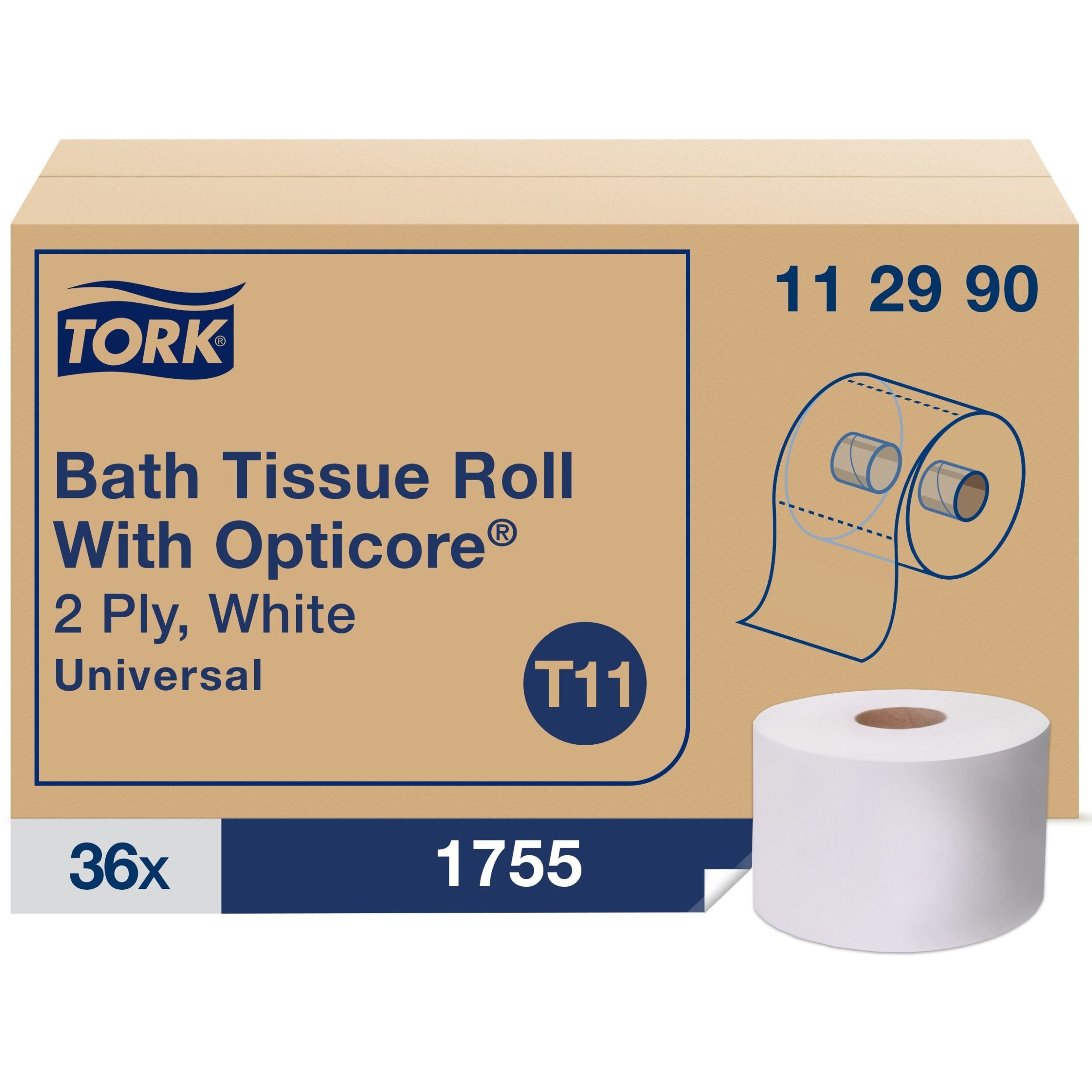 TORK OptiCore Mid-size Toilet Paper Roll White T11 - 1 Ply - 4" Length - 5.63" Roll Diameter - 1 43/64" Core - White - Fiber - 36 Rolls Per CartonCarton - 1755 Roll