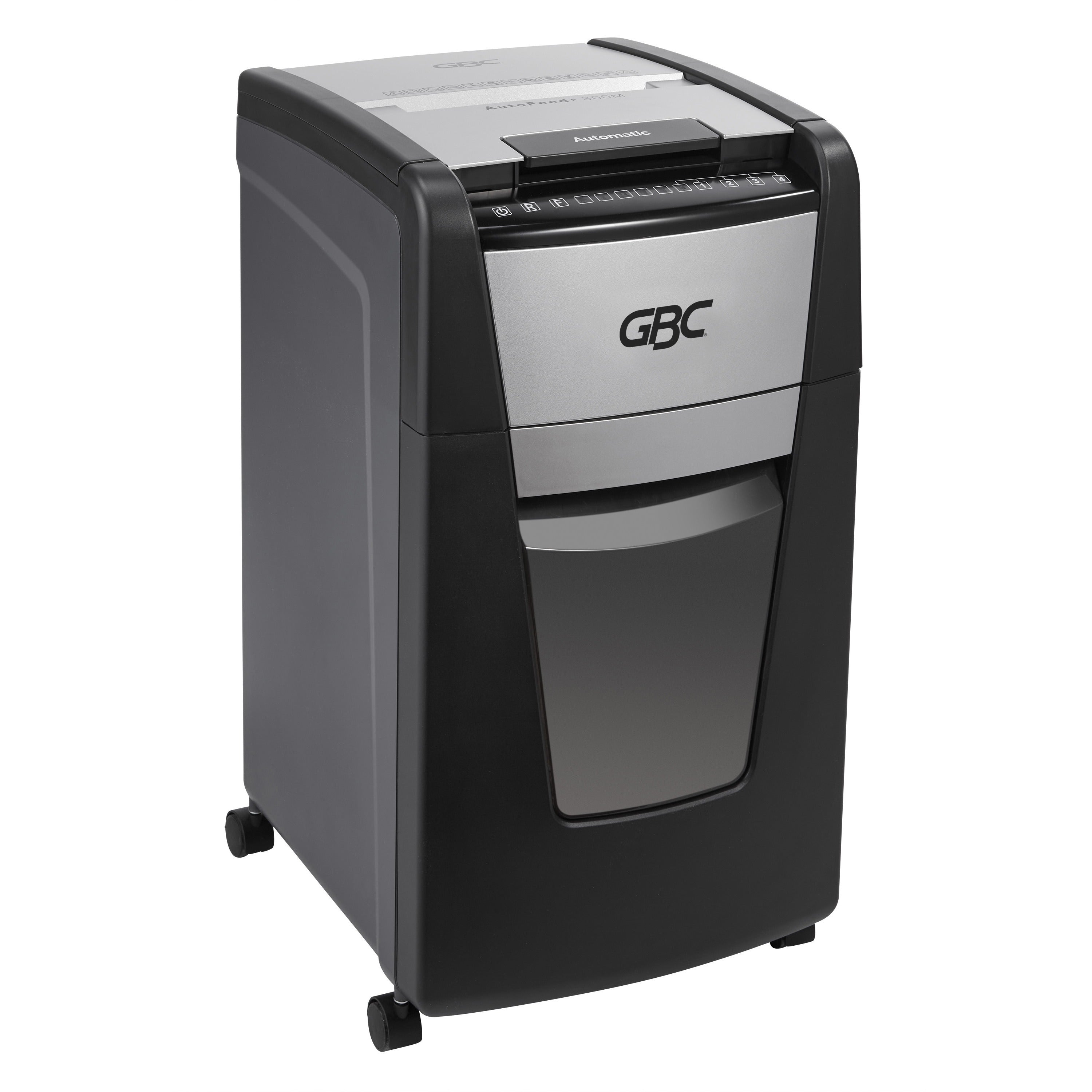 GBC AutoFeed+ Office Shredder, 300M, Micro-Cut, 300 Sheets - Continuous Shredder - Micro Cut - 8 Per Pass - for shredding Credit Card, Paper Clip, Staples, Paper - P-5 - 1 Hour Run Time - 16 gal Wastebin Capacity - Black