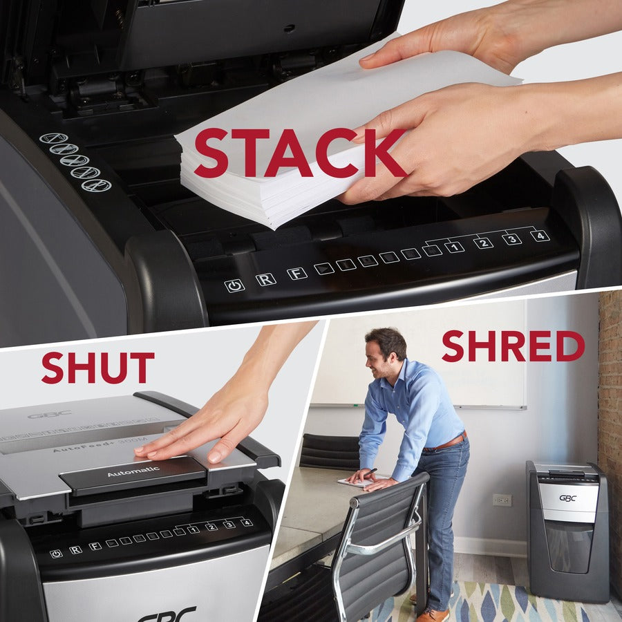 GBC AutoFeed+ Office Shredder, 300M, Micro-Cut, 300 Sheets - Continuous Shredder - Micro Cut - 8 Per Pass - for shredding Credit Card, Paper Clip, Staples, Paper - P-5 - 1 Hour Run Time - 16 gal Wastebin Capacity - Black