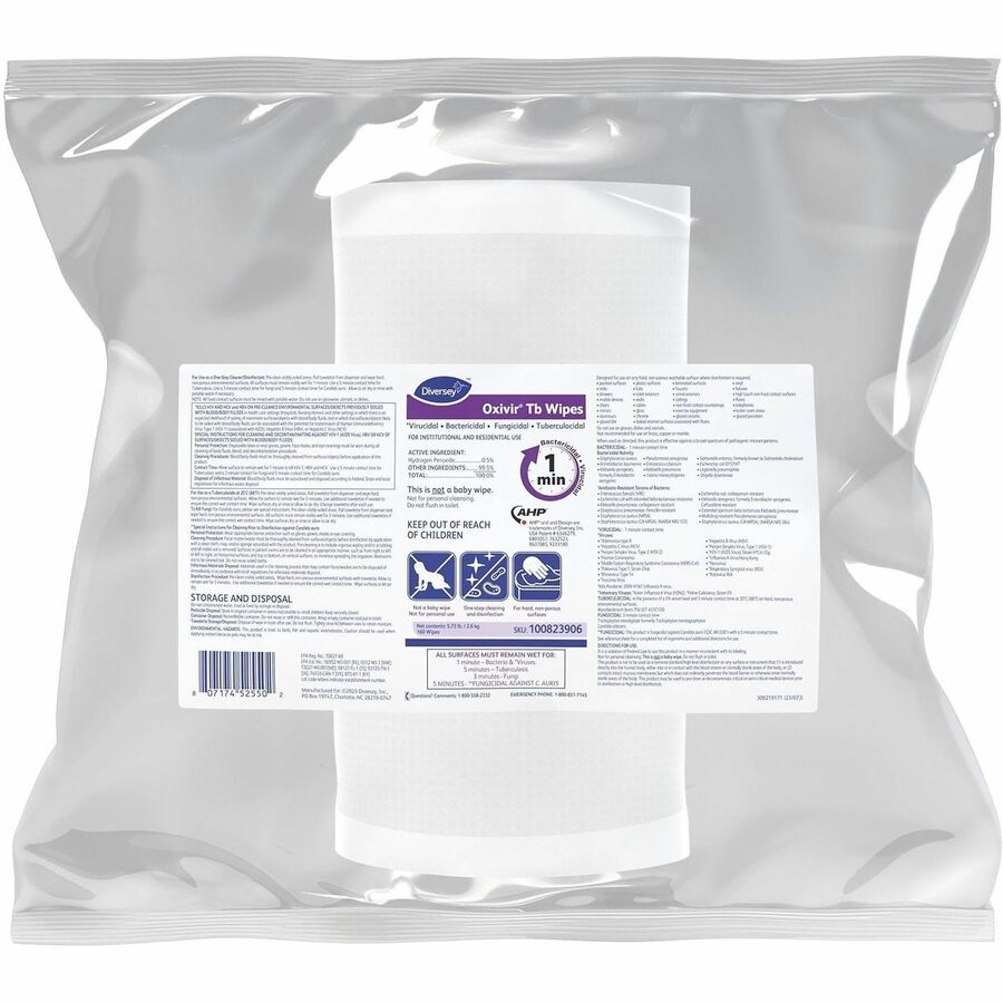 Diversey Oxivir Tb Wipes - For Nonporous Surface - Ready-To-Use - Surfactant Scent - 12" Length x 11" Width - VOC-free, Fragrance-free, NPE-free, Non-irritating, Color-free - White - 160/Bag - 4 / Carton