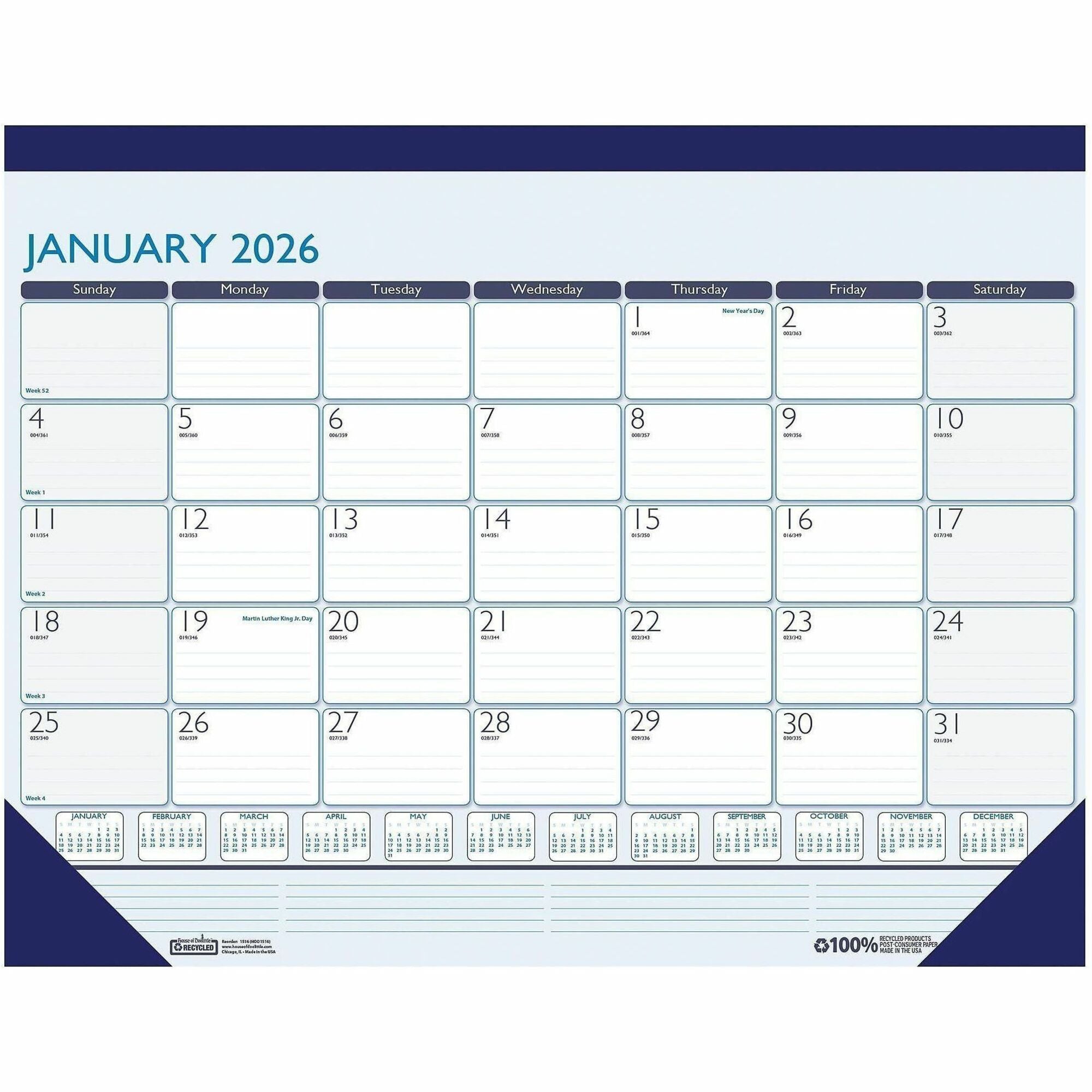 House of Doolittle Contempo Monthly Desk Pad - Professional - Julian Dates - Monthly - 12 Month - January 2026 to December 2026 - 1 Month Single Page Layout - Desk Pad - Blue - Leatherette - 13" Height x 18.5" Width - Reference Calendar, Ruled Daily Bl...