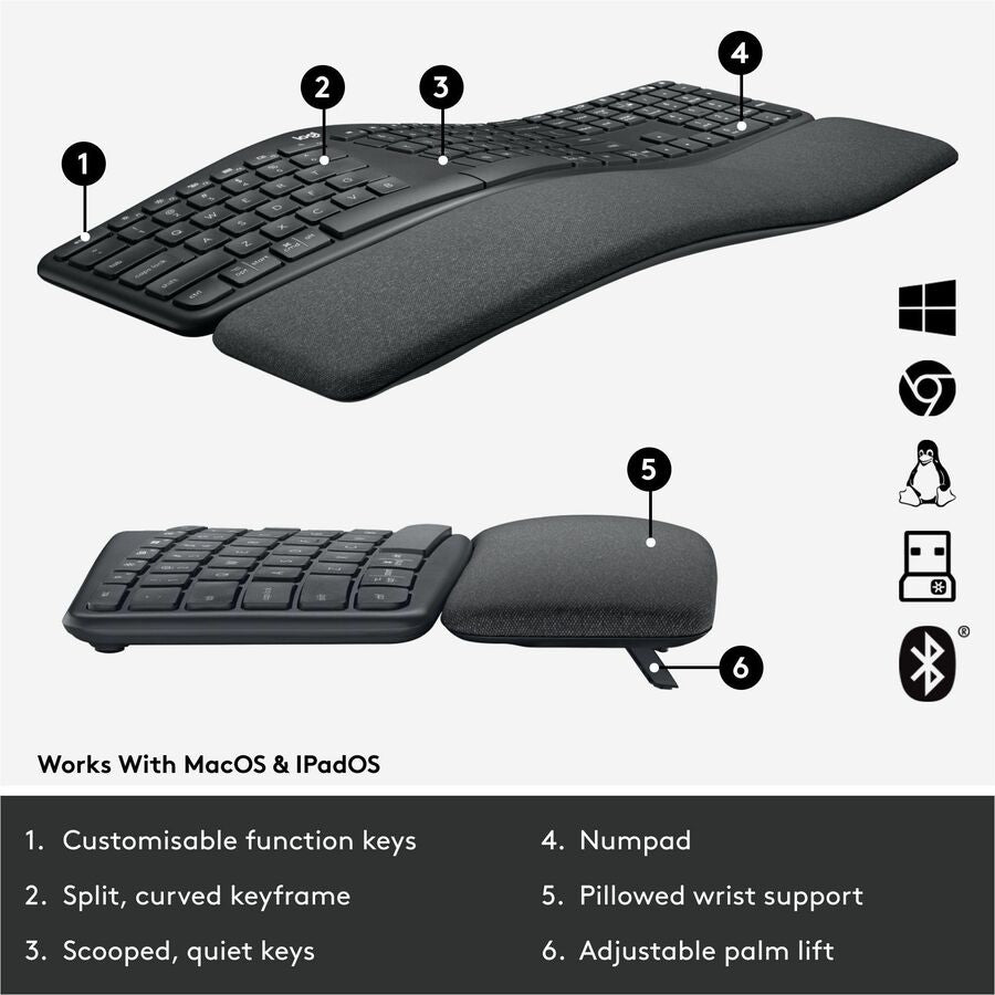 Logitech ERGO K860 Split Ergonomic Keyboard - Wireless Connectivity - Bluetooth - 32.81 ft - ChromeOS - PC, Mac - AAA Battery Size Supported - Graphite
