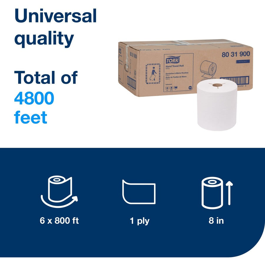 TORK Hand Towel Roll White H80 - 1 Ply - Multifold - 7.80" Roll Diameter - 1 15/16" Core - White - Fiber - 6 Roll