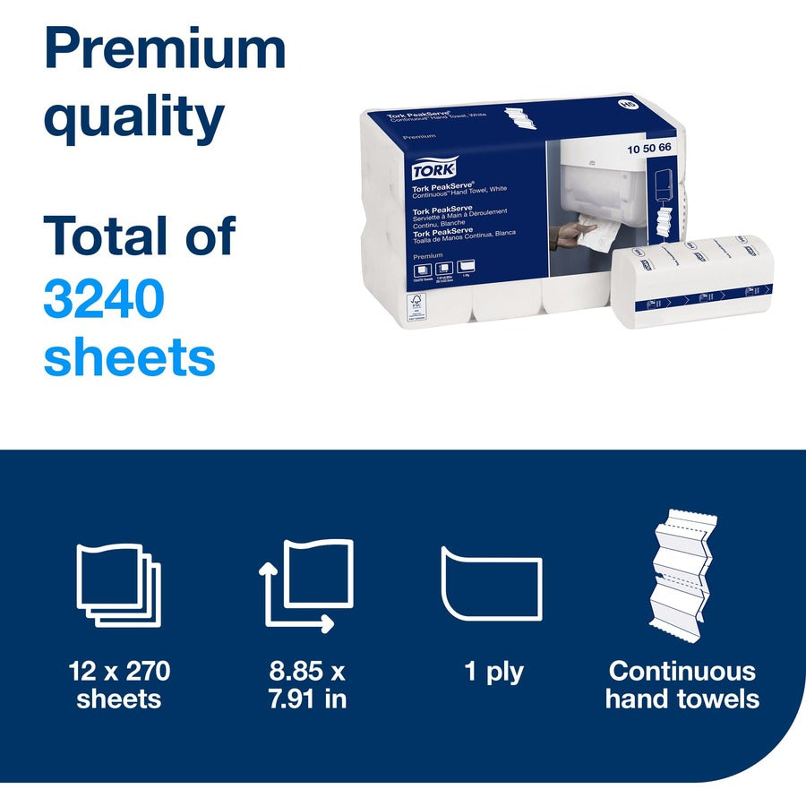 TORK PeakServe Continuous Paper Hand Towels White H5 - 1 Ply - 7.91" Width x 8.85" Length - Leaf design - White - 270/Bundle - 12 Bundle