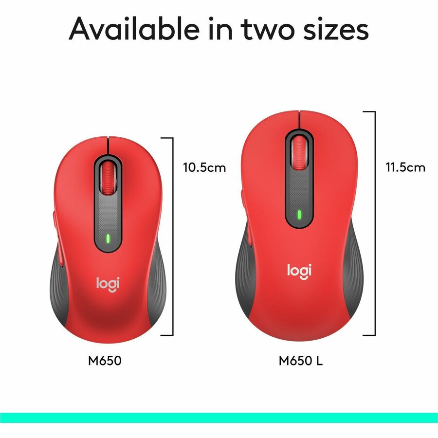 Logitech Signature M650 L (Red) - Optical - Wireless - Bluetooth/Radio Frequency - Red - USB - 2000 dpi - Scroll Wheel - 5 Button(s) - 5 Programmable Button(s) - Large Hand/Palm Size