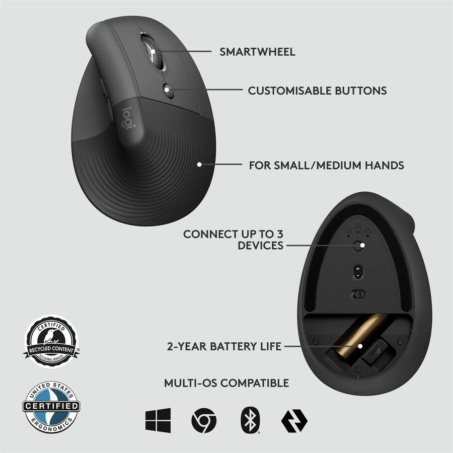 Logitech Lift Ergo Mouse - Optical - Wireless - Bluetooth/Radio Frequency - Graphite - USB - 4000 dpi - Scroll Wheel - 4 Button(s) - Small/Medium Hand/Palm Size - 1 Each