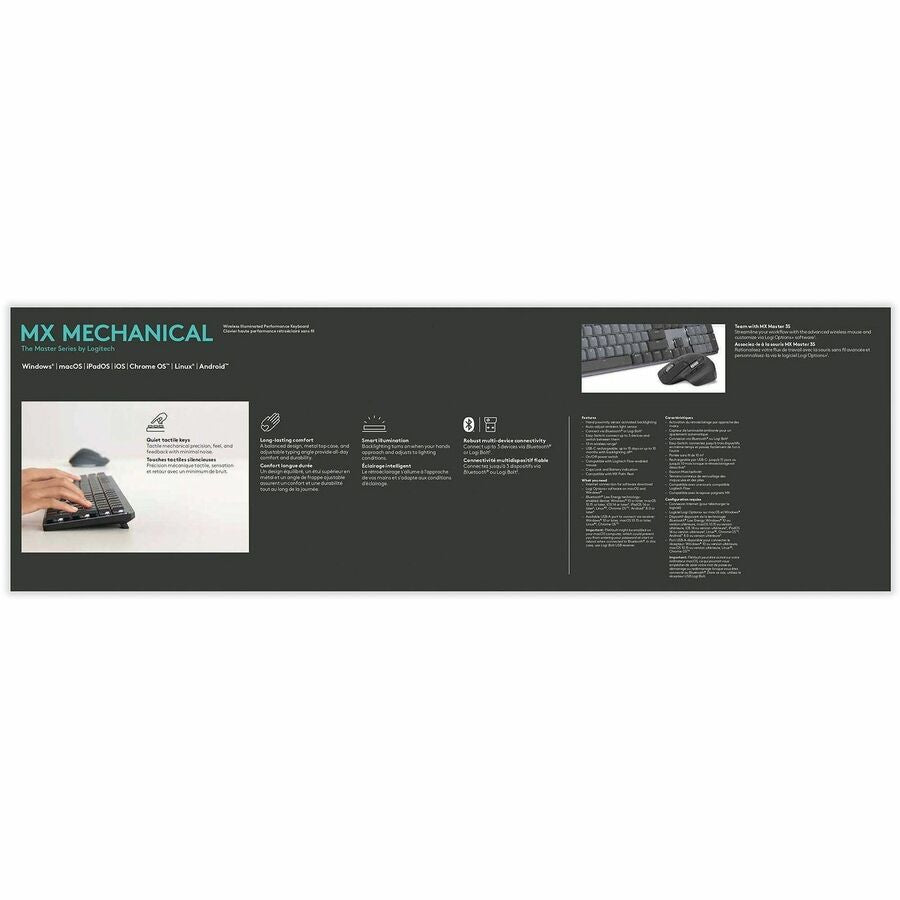 Logitech MX Mechanical Keyboard - Wireless Connectivity - Bluetooth - 33 ft - USB Interface - Windows 10, Windows 11, macOS 10.15, iOS 14, iPadOS 14, Linux, ChromeOS, Android 8.0 - PC, Mac - Mechanical Keyswitch - Proprietary Battery Size Battery Size ...