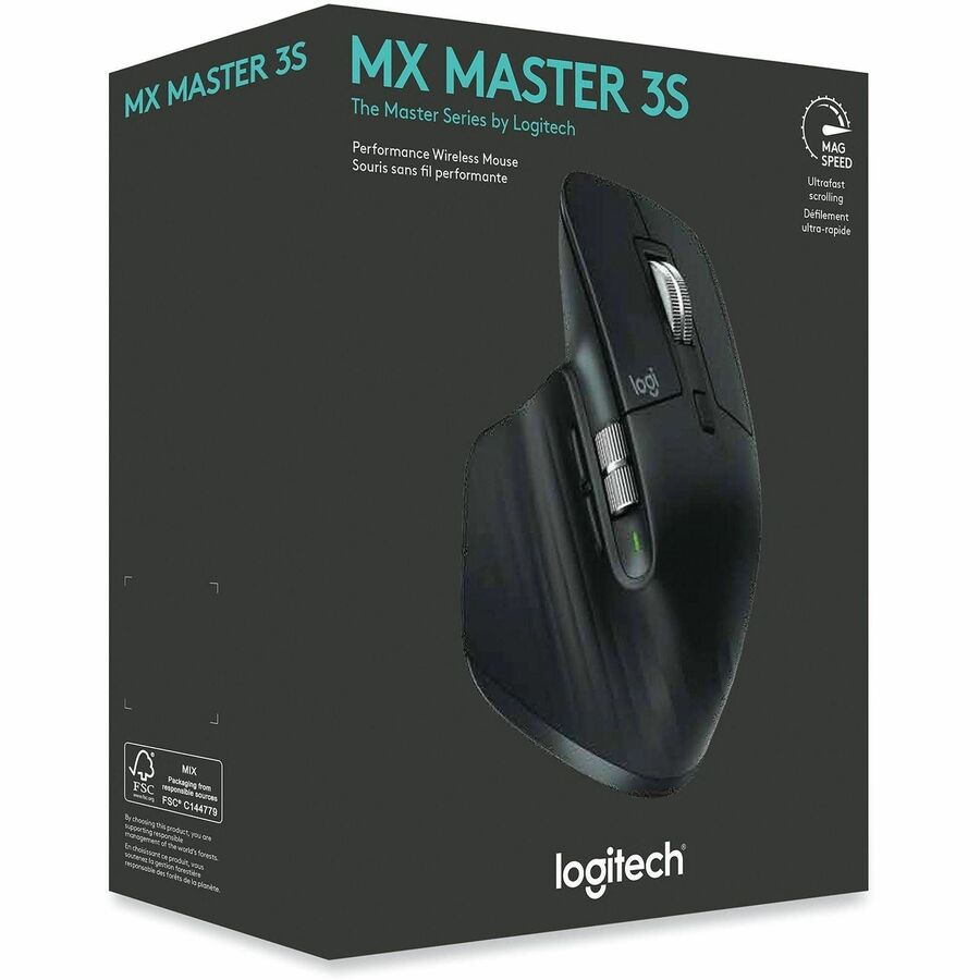 Logitech MX Master 3S Performance Wireless Mouse (Black) - Darkfield - Wireless - 32.80 ft - Bluetooth/Radio Frequency - 2.40 GHz - Rechargeable - Black - USB - 8000 dpi - Scroll Wheel - 7 Button(s) - Right-handed - Proprietary Battery Size Battery Sup...