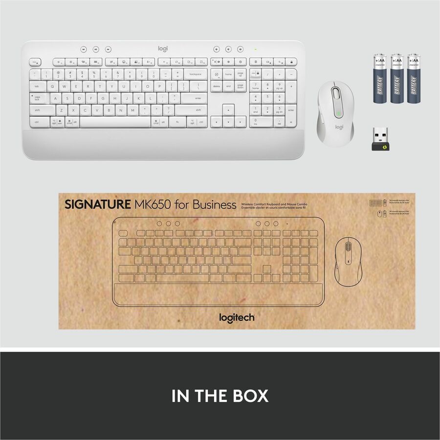 Logitech Signature MK650 Combo for Business Wireless Mouse and Keyboard Combo - USB Plunger Wireless Bluetooth/RF Keyboard - 118 Key - English (US) - Off White - USB Wireless Bluetooth/RF Mouse - 4000 dpi - Scroll Wheel - Off White - Symmetrical - AA -...