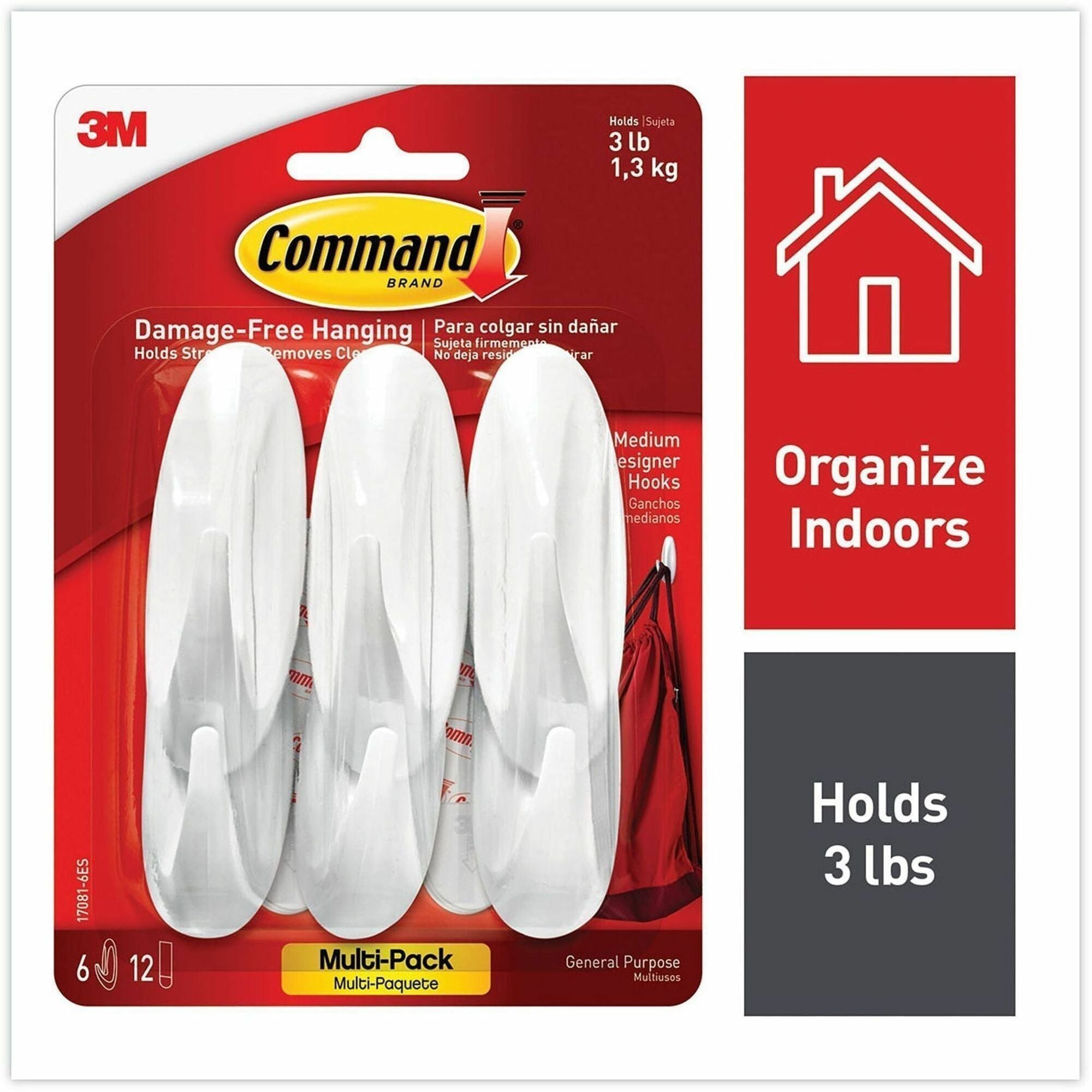 Command General Purpose Designer Hooks - 6 Hooks - 3 lb (1.36 kg) Capacity - Reusable - Adhesive - Medium - for Painted Surface, Wood, Tile, General Purpose - Plastic - White - 6 / Pack