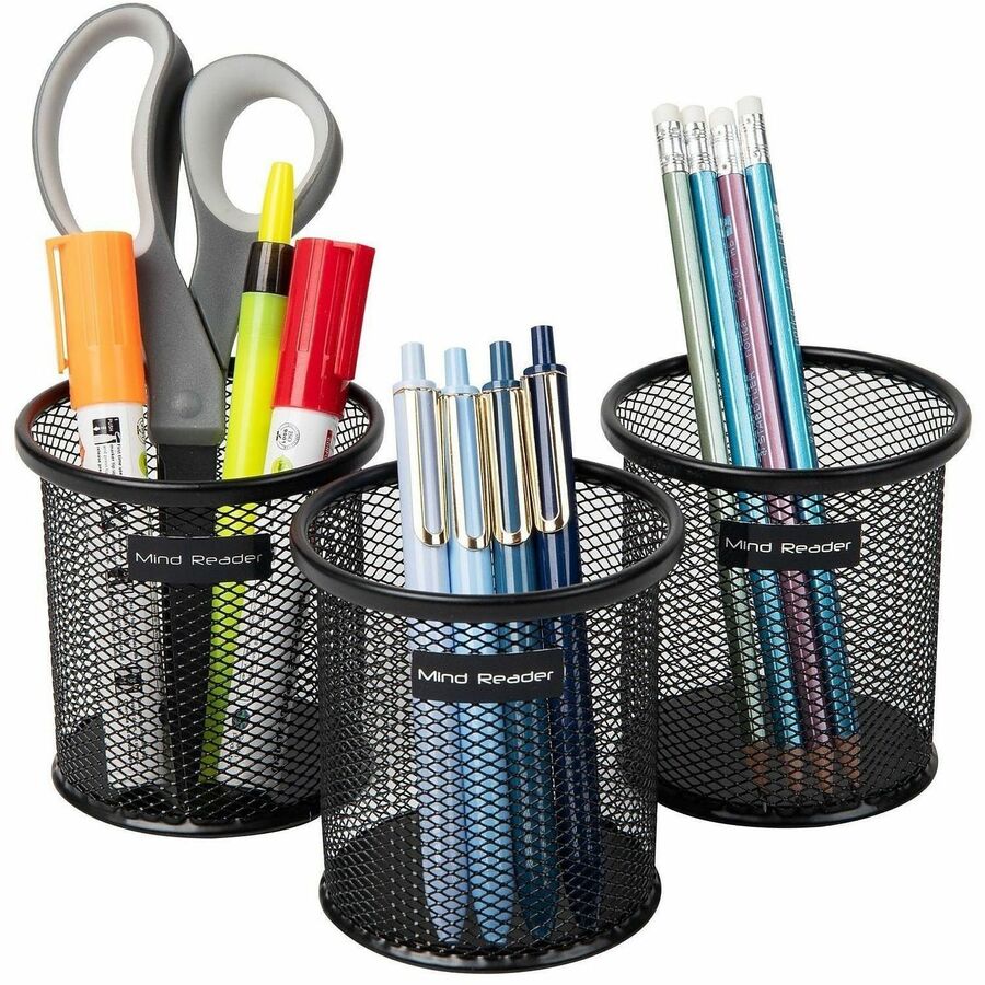 Mind Reader Multi-Purpose Desk Organizer Set - 3.8" Height x 3.5" Width - Metal Mesh - Black - Sturdy, Durable, Lightweight, Portable - 3 / Pack