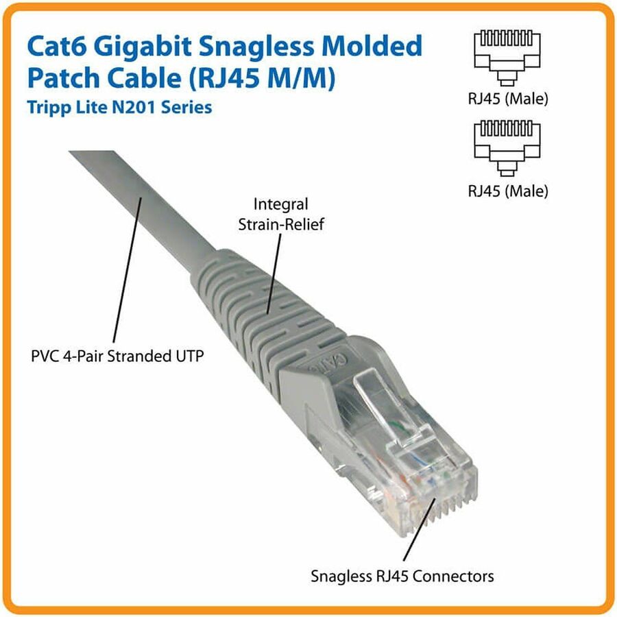 Tripp Lite series 25-ft. Cat6 Black Gigabit Patch Cord Snagless Molded - 25 ft Category 6 Network Cable for Network Device - First End: 1 x RJ-45 Network - Male - Second End: 1 x RJ-45 Network - Male - 10 Gbit/s - Patch Cable - Gold Plated Contact - CM...