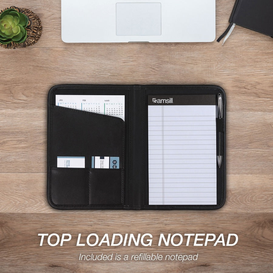 Samsill Letter Pad Folio - 8" x 5" - 4 Internal Pocket(s) - Synthetic Leather, Polyvinyl Chloride (PVC) - Black - Padded, Stitched, Pen Loop, Notepad, Document Pocket, Business Card Holder, Refillable - 0% Recycled - 1 Each