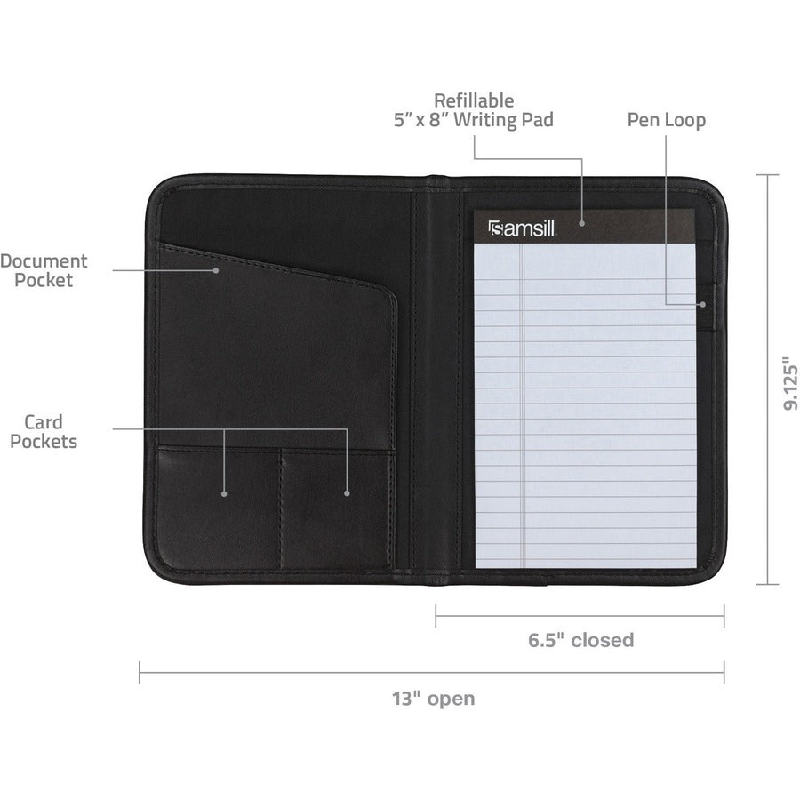 Samsill Letter Pad Folio - 8" x 5" - 4 Internal Pocket(s) - Synthetic Leather, Polyvinyl Chloride (PVC) - Black - Padded, Stitched, Pen Loop, Notepad, Document Pocket, Business Card Holder, Refillable - 0% Recycled - 1 Each