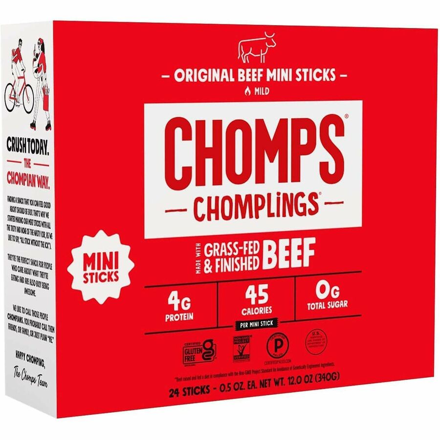 CHOMPS Original Beef Chomplings Snack Sticks - Gluten-free, No Added Harmones - Original Beef Jerky, Spicy - 0.50 oz - 24 / Pack