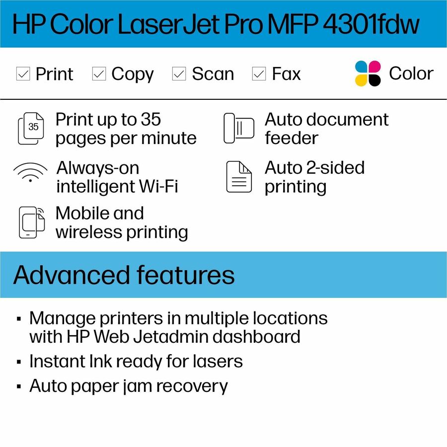 HP LaserJet Pro 4301fdw Wireless Laser Multifunction Printer - Color - Copier/Fax/Printer/Scanner - 40 ppm Color Print - 600 x 600 dpi Print - Automatic Duplex Print - Up to 50000 Pages Monthly - Color Flatbed/ADF Scanner - 600 x 600 dpi Optical Scan -...