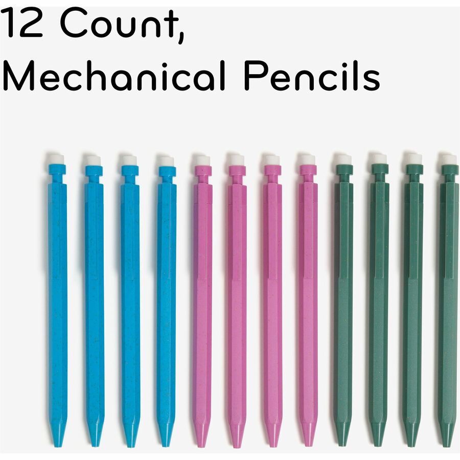 U Brands U-Eco Mechanical Pencil - 0.7 mm Green, Pink, Blue, Gray Lead - HB/#2 - Refillable - Green, Pink, Blue Barrel - 12 / Pack