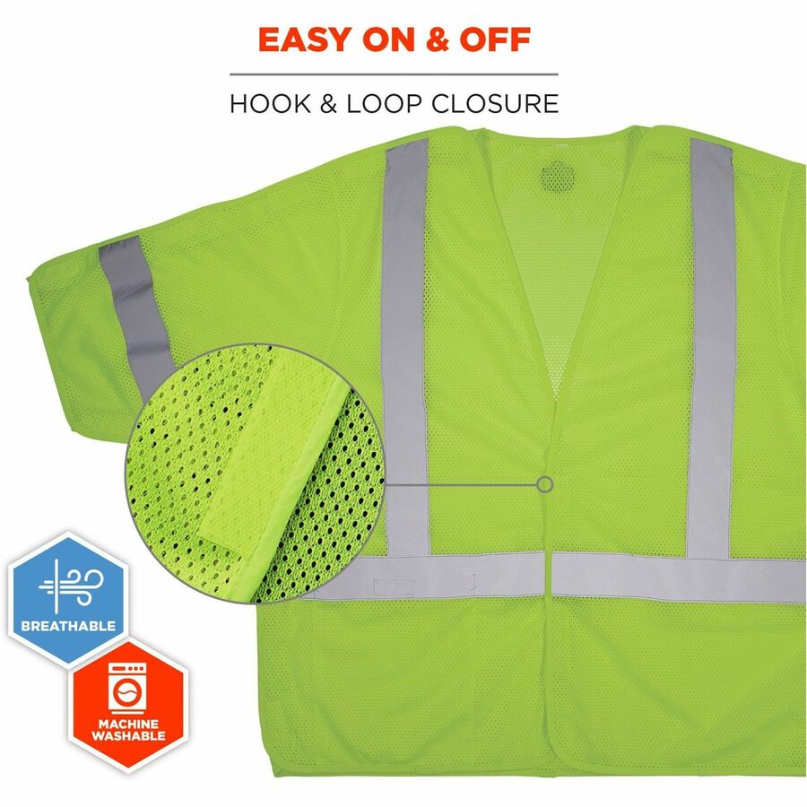 Ergodyne GloWear 8315BA Mesh Hi-Vis Safety Vests - Recommended for: Construction, Transportation - Large/Extra Large - Hook & Loop Closure - Polyester Mesh - Lime - Reflective Strap, Interior Pocket, Cell Phone Pocket, Machine Washable, Lightweight, Hi...