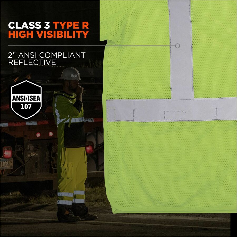 Ergodyne GloWear 8315BA Mesh Hi-Vis Safety Vests - Recommended for: Construction, Transportation - Large/Extra Large - Hook & Loop Closure - Polyester Mesh - Lime - Reflective Strap, Interior Pocket, Cell Phone Pocket, Machine Washable, Lightweight, Hi...