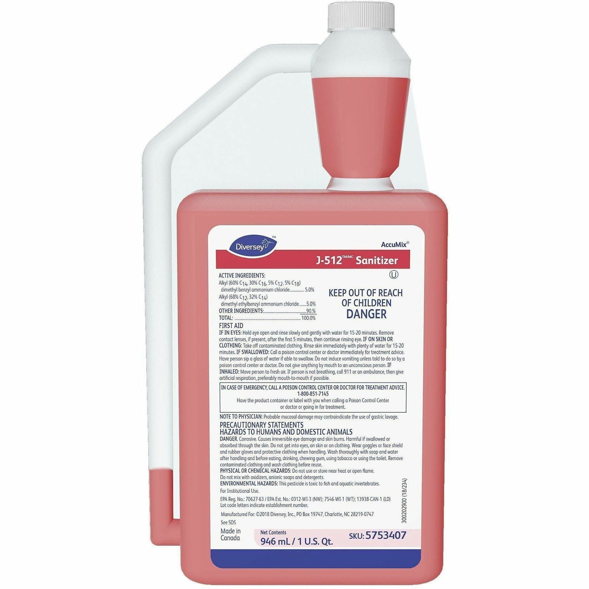 Diversey J-512 Sanitizer - For Multipurpose - Concentrate - Liquid - 32 fl oz (1 quart) - 7.9 pH - Quaternary Scent - Recommended For: Bacteria Remover - No-rinse, Kosher - Red - 6 / Carton