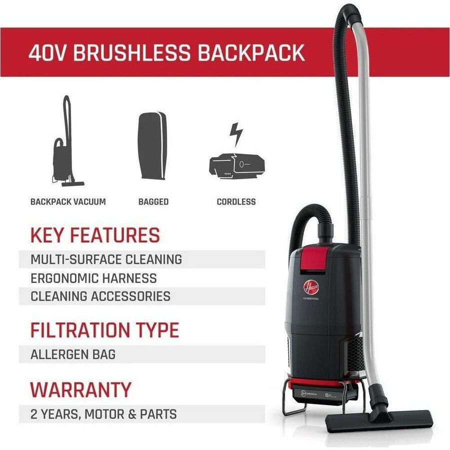 Hoover Commercial 40V Brushless Backpack Tool Only - 450 W Motor - Bagged - Hose, Wand - 5 ft Hose Length - HEPA - 607.4 gal/min - DC Supply - Battery Rechargeable - 40 V DC - 12.50 A - 450 W Rated Input Power - 71 dB(A) Noise Level - Black